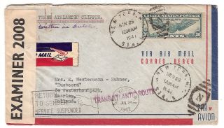 Usa Ww2 1941 Service Suspended Censored Trans Atlantic Clipper Air Mail Cover