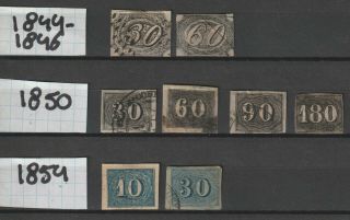Brazil Numerals 1844,  1850,  1854,  Sc 37 Thick Paper,  Rest Thin Paper