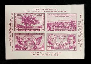 1936 Souvenir Sheet 778 Mvlh Us Stamps 3rd Philatelic Exhibition
