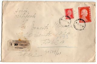 Argentina 1953 Evita Peron 10 Pesos Red Registered Mail To Chile Mixed Franking