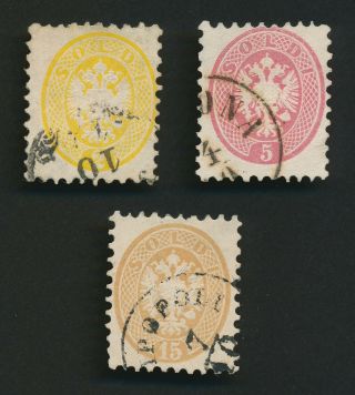 Austria Lombardy Venetia Stamps 1864 - 1865 2s,  5s & 15s Perf 9.  5 Vfu
