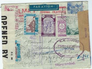 Spain 1941 Multi Franked Censored (sevilla & Bermuda) Airmail Cover To York