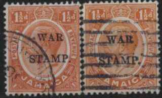 A063) Jamaica.  1917.  Sg 74,  74b 1 1/2d Orange.  Overprints War Stamp.  C£250,