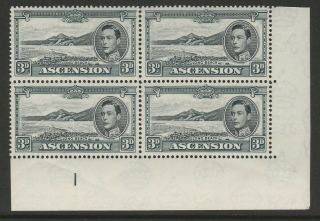 Ascension 1938 - 53 George Vi 3d Black And Grey In Plate Block Sg 42a Mnh.