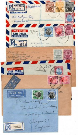 1950 - 59 Malaya/johore To Gb (4) / Usa (1) / Sarawak (1) Airmail Covers X 6.