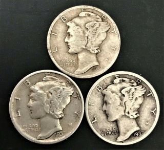 1937 Pds Set Of Three Mercury Dimes Circulated 90 Silver Very Good To Fine