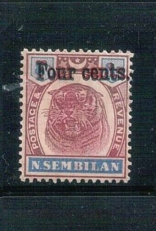 Malaya Negri Sembilan 1898 4c On 5c Tiger With Opt Double One In Red Sg19c
