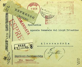 Italy Trieste 1931 Regd Express Meter Cover To Alexandria Egypt W/rare Cachet