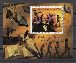 Gabon,  2009 Issue.  Charles Darwin With Early Man S/sheet.