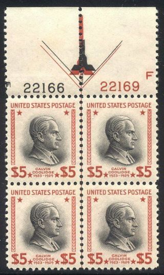 U.  S.  834 Nh Plate Block - 1938 $5.  00 Coolidge ($325)