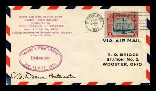 Dr Jim Stamps Us Orange Athol Dedication First Flight Air Mail Cover Boston 1929