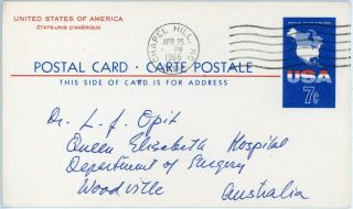 7c Usa Postal Card Ux49; Chapel Hill,  N.  C.  To Australia 1966