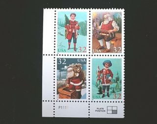 1995 Plate Block 3007a Mnh Us Stamps Christmas Santa Claus Tree Toys