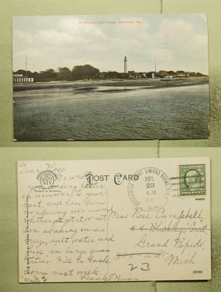 Dr Who 1905? Brunswick Ga St Simons Rur Sta Light House Postcard E41990