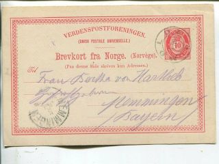 Norway 10ö Postal Card To Bavaria 1890