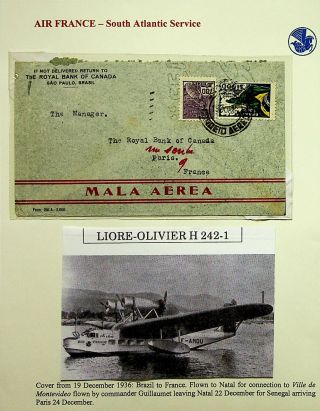 Brazil 1936 Scarce Air France South Atlantic Flown Cover Via Natal