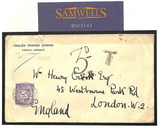 Ms3143 1928 Greece Corfu English Friends Mission Cover Gb Postage Dues London