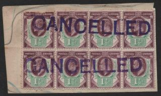 Gb: 1902 - 1910 Edward Vii 1½d Block Of 8 With Overprint Cancelled (26007)