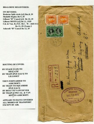 Canada Bc British Columbia - Bralorne 1939 Registered Rpo Cover - Redirected -