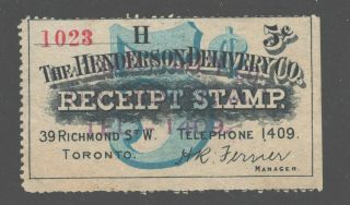 Canada Revenue Receipt Stamp The Henderson Delivery Co.  Toronto