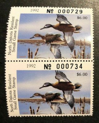 Tdstamps: Us North Dakota Duck Stamps (2) $6 1992 Nh Og Pair