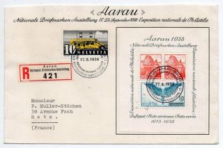 1938 Switzerland To France Reg First Day Cover,  Aarau Souvenir Sheet