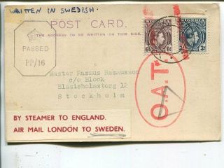 Nigeria Oat Red Oval 50mm On Post Card To Sweden 11.  1.  1943