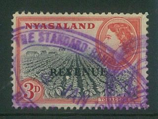 Nyasaland - 1953 Qeii 3d " Revenue " O/p.  Very Scarce (es397)