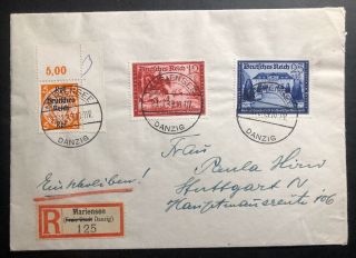 1938 Mariensee Danzig Registered Cover To Stuttgart Germany Mixed Franking
