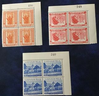 Colombia - 1949 75th Anniversary UPU Set of 7 Blocks of 4 Stamps,  SG 722 - 28,  MNH 2