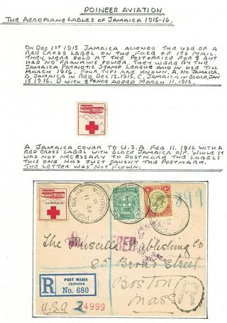 Aviation,  Jamaica,  1915 - 16,  Red Cross Aeroplane Labels,  Scarce Cover To Usa.