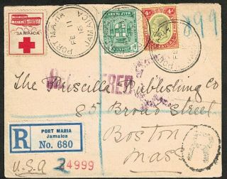 AVIATION,  JAMAICA,  1915 - 16,  RED CROSS AEROPLANE LABELS,  SCARCE COVER TO USA. 2