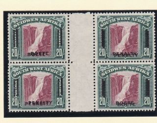 South West Africa Revenue Penalty Tax 20s Block Double Print Error,  Without Gum.