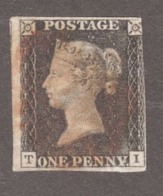 Qv 1d Penny Black 1840 Plate 8,  Letters T I,  3.  75 Margins