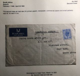 1951 Birmingham England Airmail Cover To Cape Town South Africa Commercial Paper
