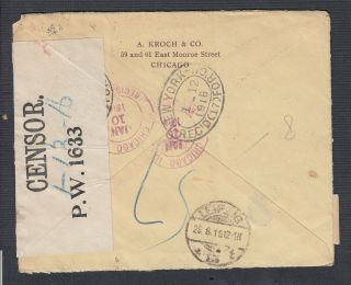 USA 1916 15C WWI BRITISH MILITARY CENSORED COVER CHICAGO TO LEIPZIG GERMANY 2