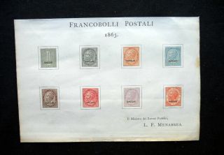 1863 Italy Kingdom Rare Official Specimen De La Rue Set Stamps Saggio Menabrea