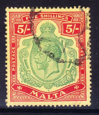 Malta Gv 1917 Sg88 5/ - Green & Red On Yellow - Wmk Mca - Fine.  Cat £110