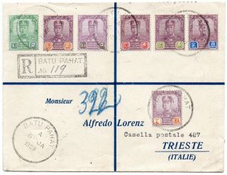 Malaya Johor 1929 Registered Cover From Batu Pahat To Trieste