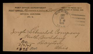 Dr Who 1928 Kimmins Tn Post Office Official Frank To Dayton Oh E46390