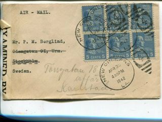 Usa Censor Air Mail Cover To Sweden 1942