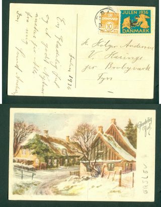 Denmark.  Christmas Card 1936 With Seal,  10 Ore.  Star Cancel " Oerslev " See