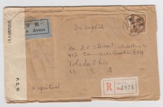 Ww2 Registered Chungking China Air Mail To Toledo Usa Via India Censored Cover