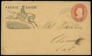 " Pacific Express,  Stockton " Oval Pony Frank 3¢ Red U10 Entire To Colma Ca