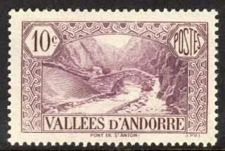 Andorra,  French Administration Scott 27 Vf Mnh 1932 10c Dull Lilac Bridge