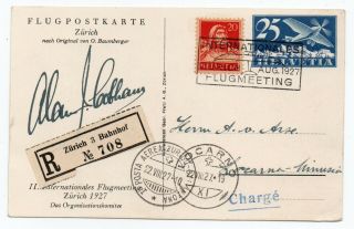 1927 Switzerland Zurich Meeting Card Signed By Alan Cobham Flown To Locarno