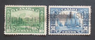 1928 - 29 Canada Stamps SC 155 & SC 158 Perfin with the words 