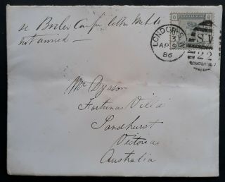 Rare 1886 Great Britain Cover Ties 6d Qv Stamp Canc London Sv22 To Australia