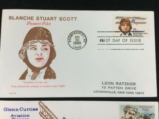 6X Aviation Pioneers Glenn Curtiss Blanche Scott First Day Issue Covers FDC 733 3