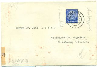 Ostmark German Reich Wien 10.  3 1942 Cover Abroad To Sweden Nazi Censored
